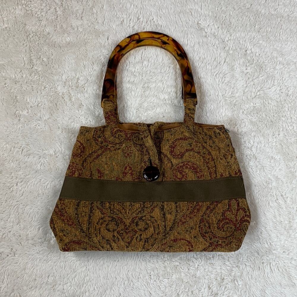 Handmade tan tapestry and plastic handle shoulder or handbag purse
